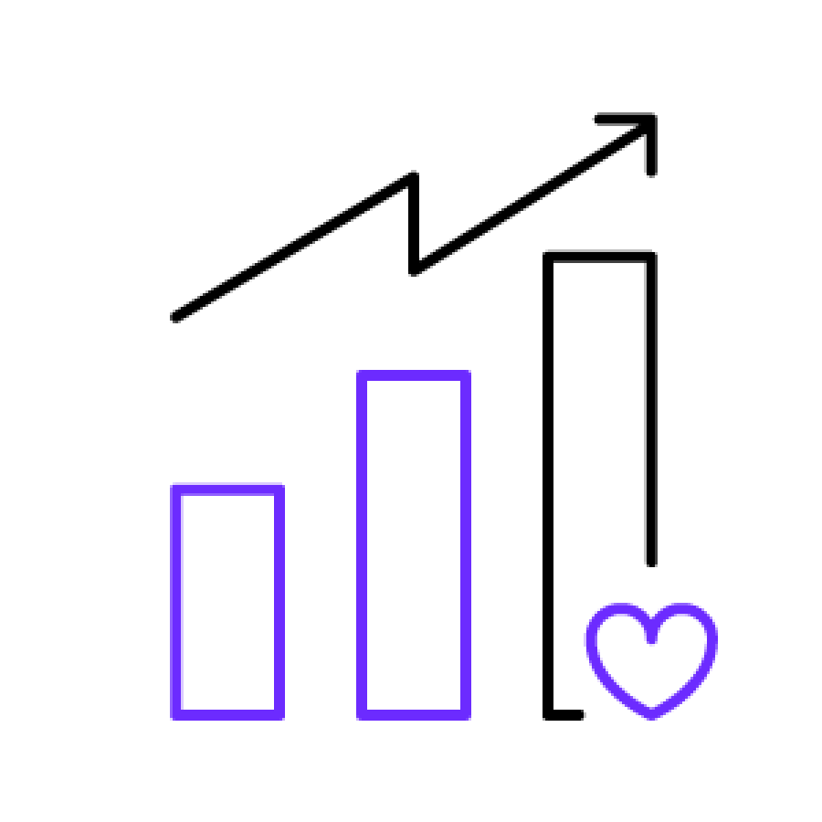 Purple and black illustration of bar graph and upward arrow